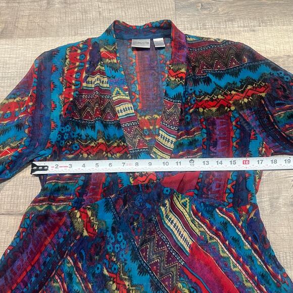 Chicos Silk V Neck Sheer Blouse Size 2 Medium Flare Sleeve Patchwork Lettuce Hem - Picture 5 of 5